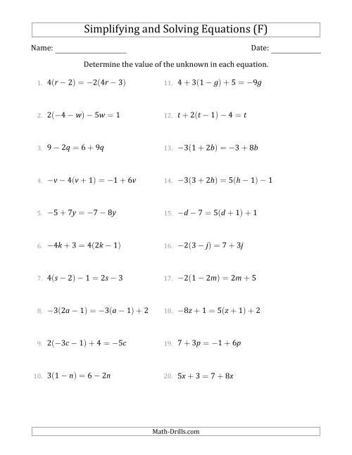 The Combining Like Terms and Solving Simple Linear Equations (F) Math Worksheet