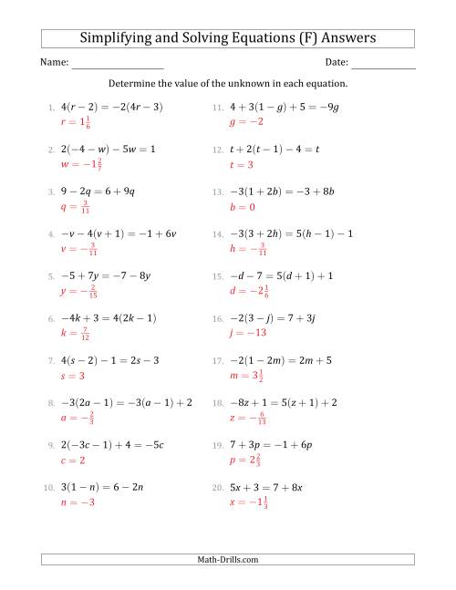 The Combining Like Terms and Solving Simple Linear Equations (F) Math Worksheet Page 2