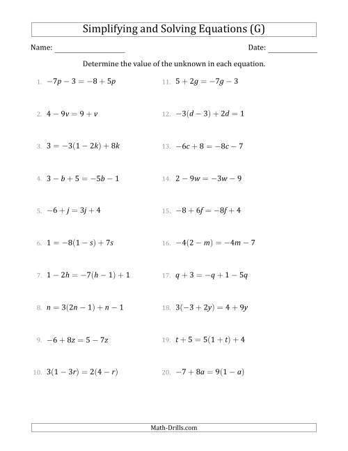 The Combining Like Terms and Solving Simple Linear Equations (G) Math Worksheet