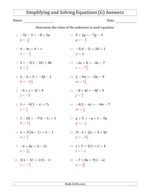 The Combining Like Terms and Solving Simple Linear Equations (G) Math Worksheet Page 2