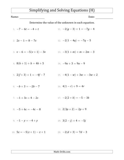 The Combining Like Terms and Solving Simple Linear Equations (H) Math Worksheet
