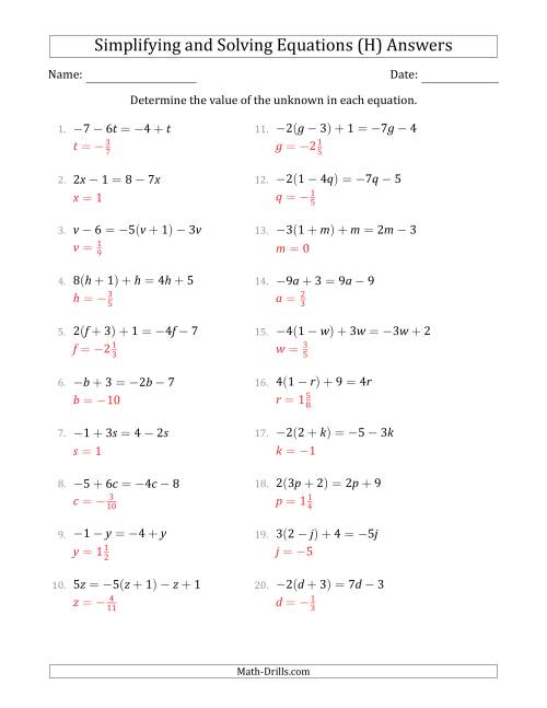 The Combining Like Terms and Solving Simple Linear Equations (H) Math Worksheet Page 2