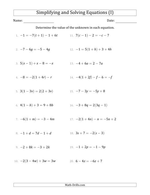The Combining Like Terms and Solving Simple Linear Equations (I) Math Worksheet