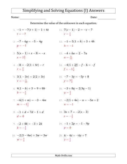 The Combining Like Terms and Solving Simple Linear Equations (I) Math Worksheet Page 2