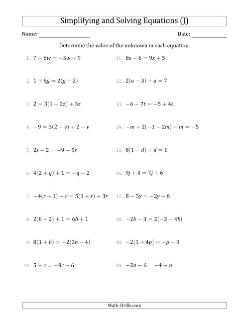The Combining Like Terms and Solving Simple Linear Equations (J) Math Worksheet