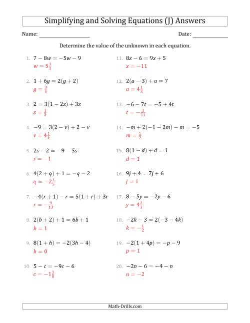 The Combining Like Terms and Solving Simple Linear Equations (J) Math Worksheet Page 2