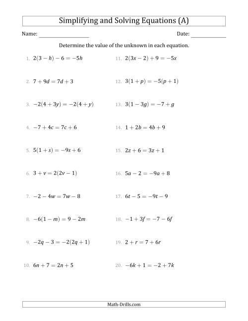 The Combining Like Terms and Solving Simple Linear Equations (All) Math Worksheet