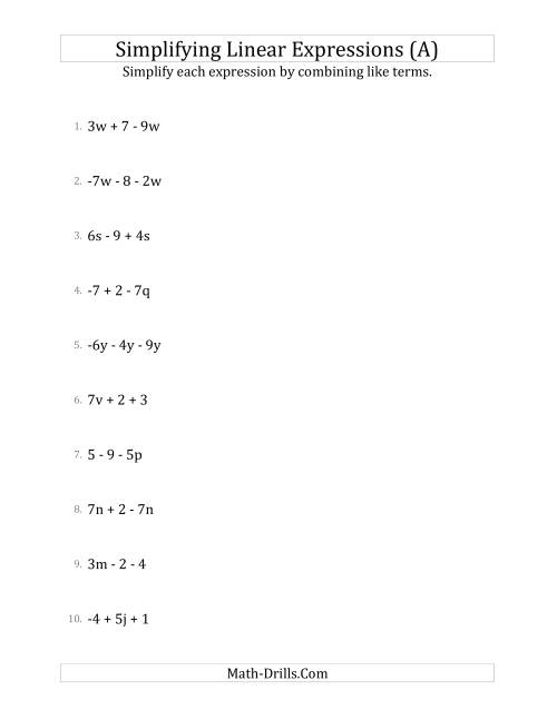 The Simplifying Linear Expressions with 3 Terms (A) Math Worksheet