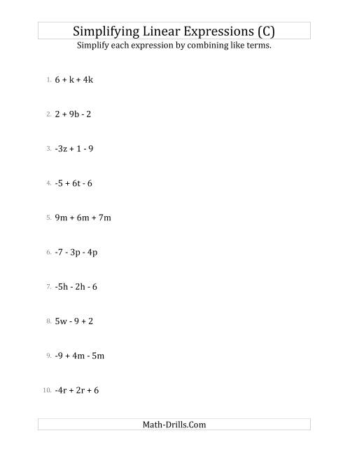 The Simplifying Linear Expressions with 3 Terms (C) Math Worksheet