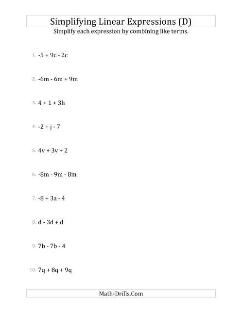 The Simplifying Linear Expressions with 3 Terms (D) Math Worksheet