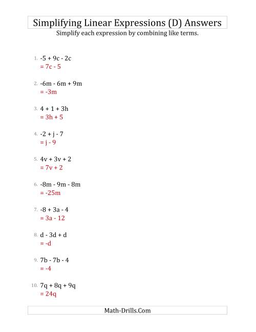 The Simplifying Linear Expressions with 3 Terms (D) Math Worksheet Page 2