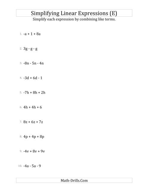 The Simplifying Linear Expressions with 3 Terms (E) Math Worksheet