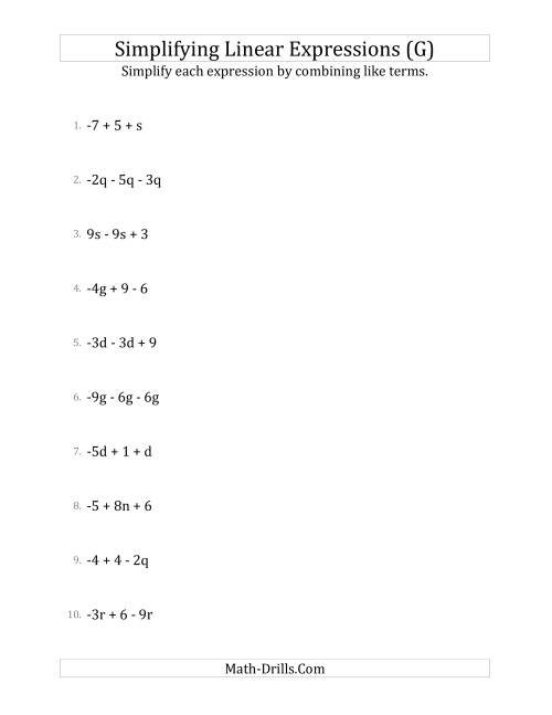The Simplifying Linear Expressions with 3 Terms (G) Math Worksheet