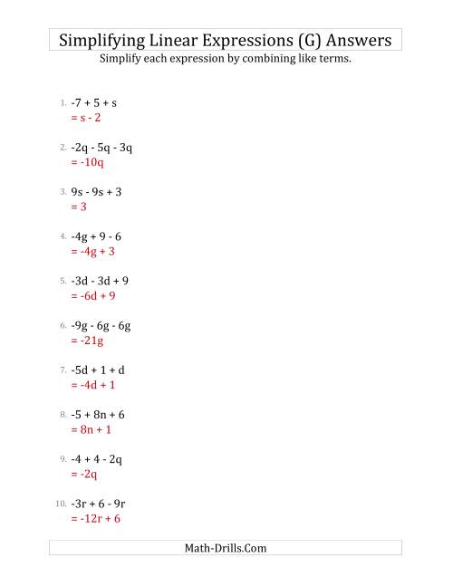 The Simplifying Linear Expressions with 3 Terms (G) Math Worksheet Page 2