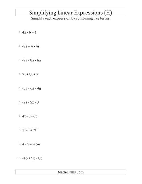 The Simplifying Linear Expressions with 3 Terms (H) Math Worksheet