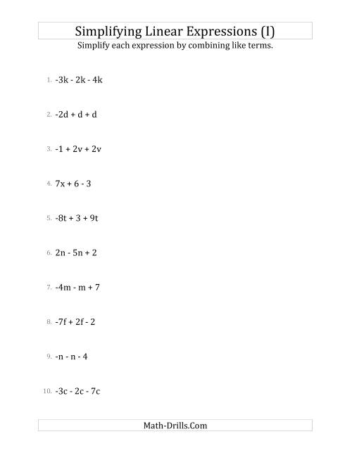 The Simplifying Linear Expressions with 3 Terms (I) Math Worksheet