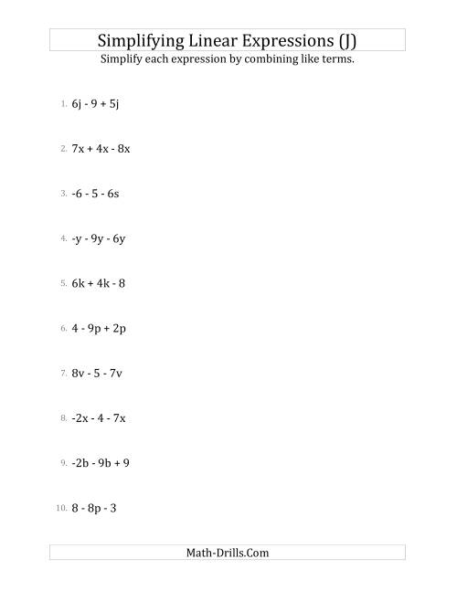 The Simplifying Linear Expressions with 3 Terms (J) Math Worksheet