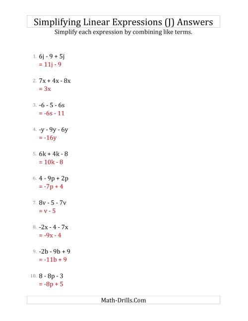 The Simplifying Linear Expressions with 3 Terms (J) Math Worksheet Page 2