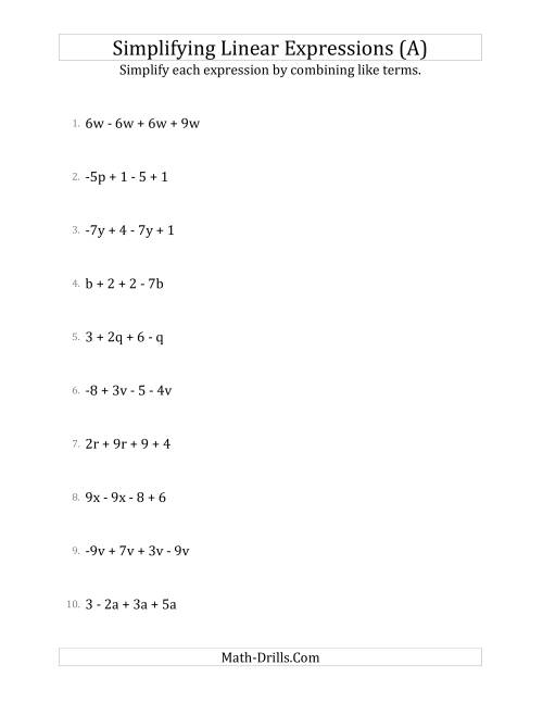 The Simplifying Linear Expressions with 4 Terms (A) Math Worksheet