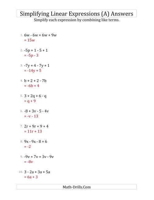 The Simplifying Linear Expressions with 4 Terms (A) Math Worksheet Page 2