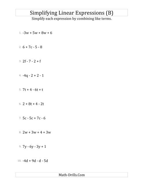 The Simplifying Linear Expressions with 4 Terms (B) Math Worksheet