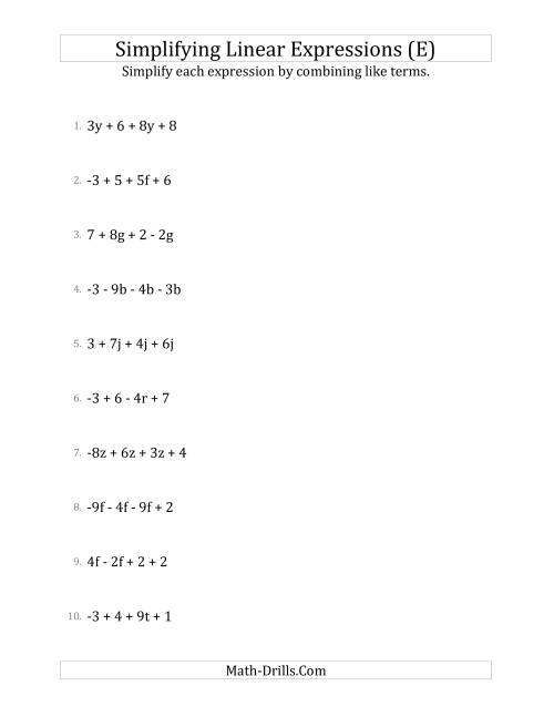 The Simplifying Linear Expressions with 4 Terms (E) Math Worksheet