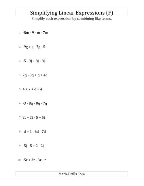 The Simplifying Linear Expressions with 4 Terms (F) Math Worksheet