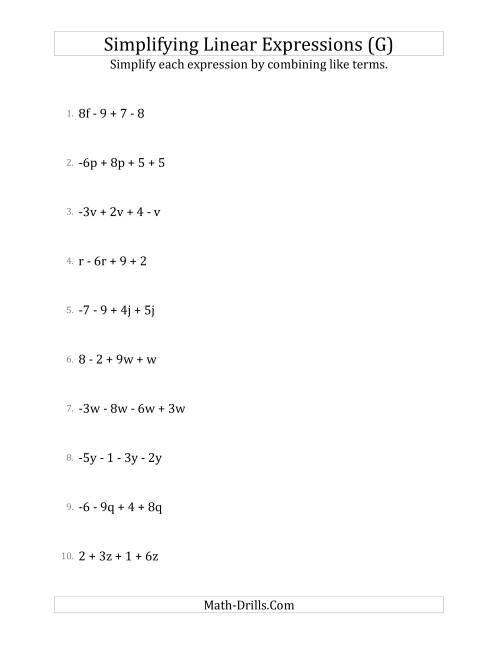 The Simplifying Linear Expressions with 4 Terms (G) Math Worksheet