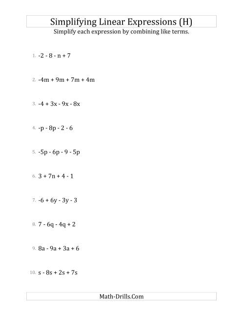 The Simplifying Linear Expressions with 4 Terms (H) Math Worksheet