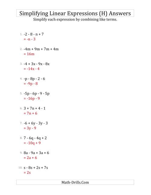 The Simplifying Linear Expressions with 4 Terms (H) Math Worksheet Page 2