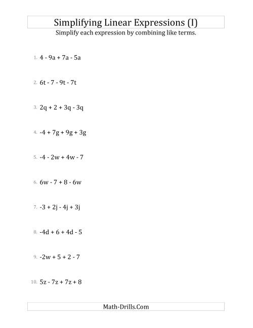 The Simplifying Linear Expressions with 4 Terms (I) Math Worksheet