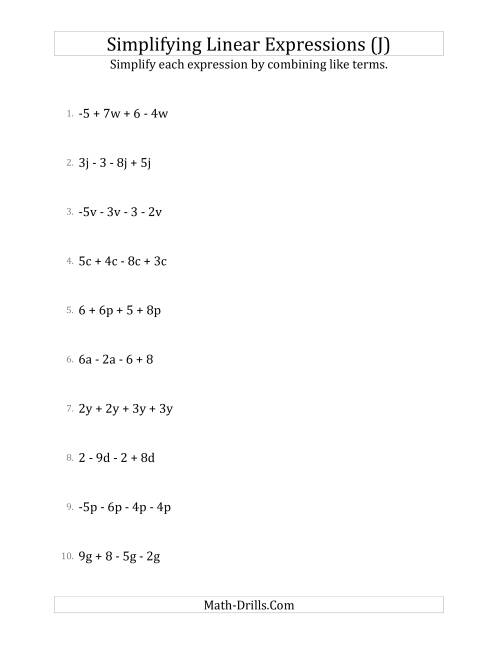The Simplifying Linear Expressions with 4 Terms (J) Math Worksheet