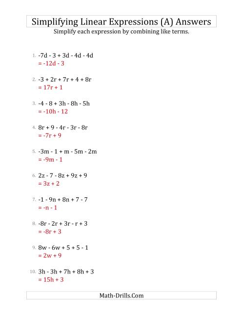 The Simplifying Linear Expressions with 5 Terms (A) Math Worksheet Page 2