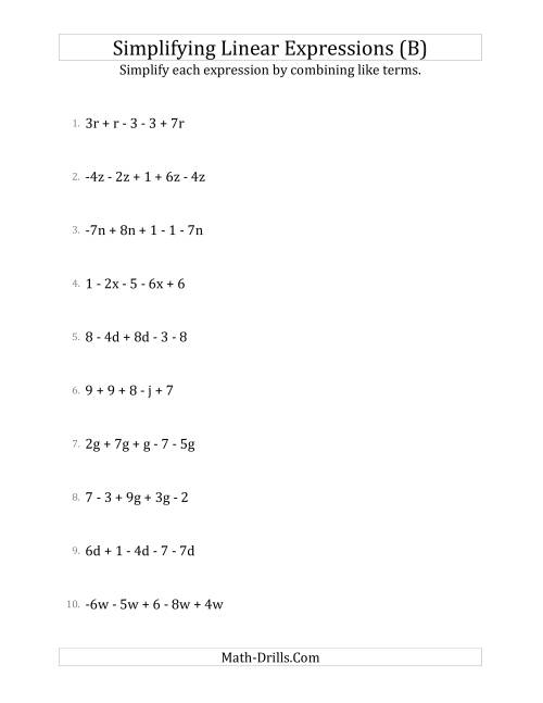 The Simplifying Linear Expressions with 5 Terms (B) Math Worksheet