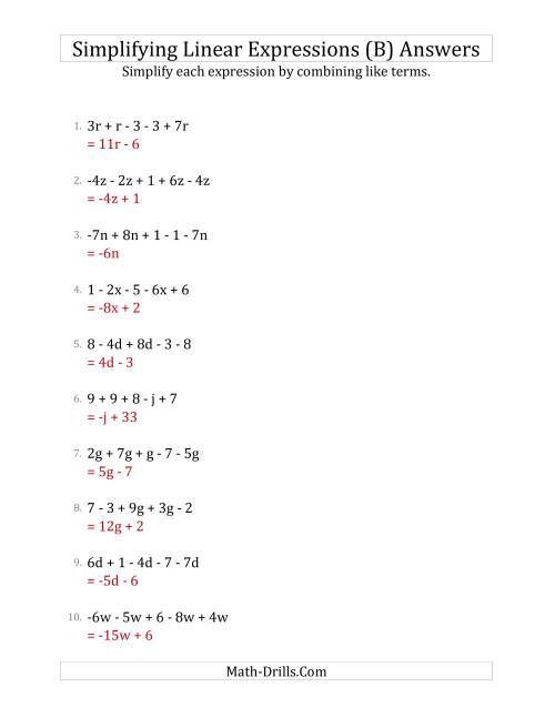 The Simplifying Linear Expressions with 5 Terms (B) Math Worksheet Page 2