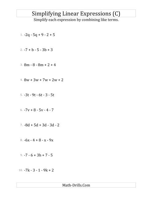The Simplifying Linear Expressions with 5 Terms (C) Math Worksheet