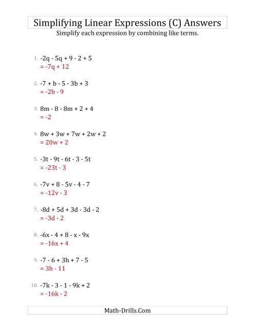 The Simplifying Linear Expressions with 5 Terms (C) Math Worksheet Page 2