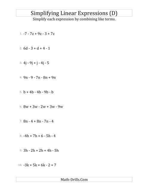 The Simplifying Linear Expressions with 5 Terms (D) Math Worksheet