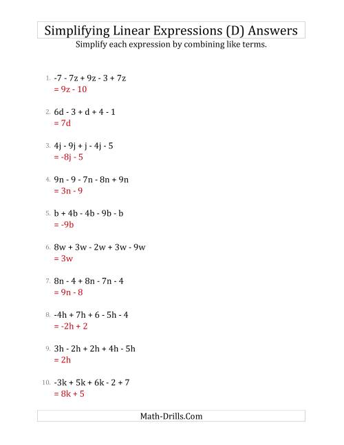 The Simplifying Linear Expressions with 5 Terms (D) Math Worksheet Page 2