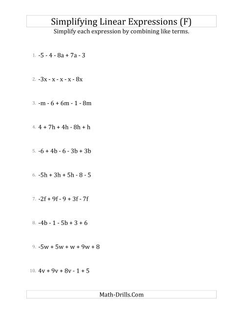 The Simplifying Linear Expressions with 5 Terms (F) Math Worksheet