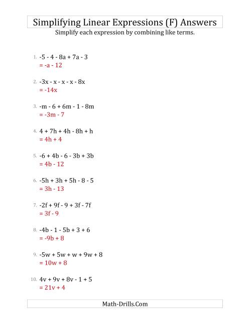 The Simplifying Linear Expressions with 5 Terms (F) Math Worksheet Page 2
