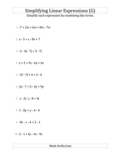 The Simplifying Linear Expressions with 5 Terms (G) Math Worksheet
