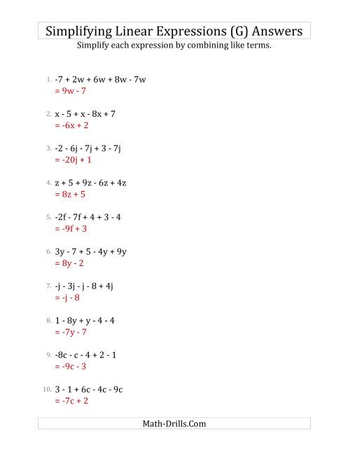 The Simplifying Linear Expressions with 5 Terms (G) Math Worksheet Page 2