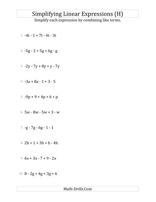 The Simplifying Linear Expressions with 5 Terms (H) Math Worksheet