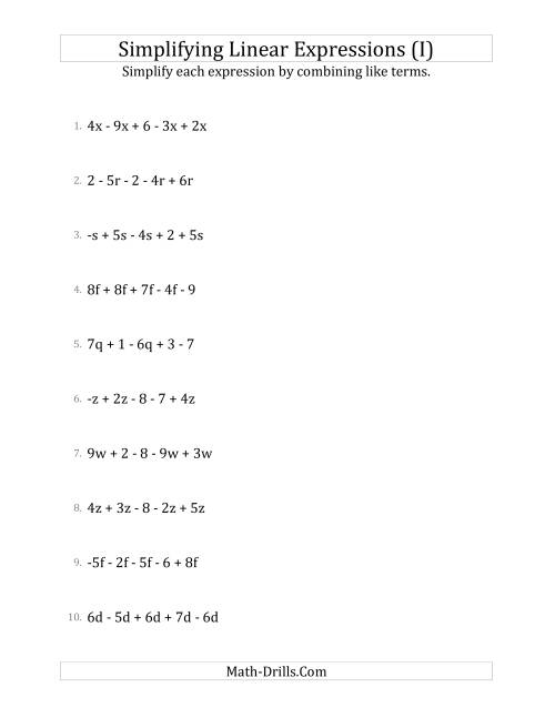 The Simplifying Linear Expressions with 5 Terms (I) Math Worksheet