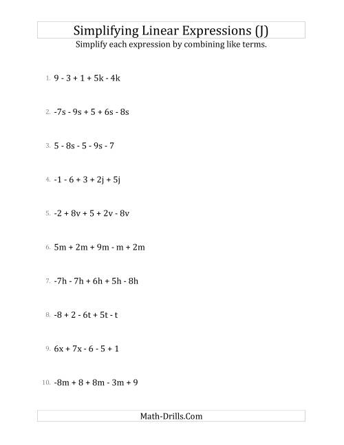 The Simplifying Linear Expressions with 5 Terms (J) Math Worksheet