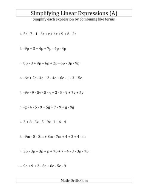 The Simplifying Linear Expressions with 6 to 10 Terms (A) Math Worksheet