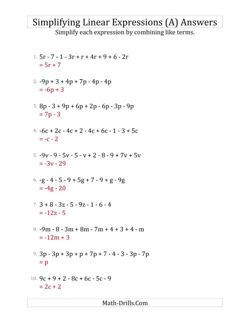 The Simplifying Linear Expressions with 6 to 10 Terms (A) Math Worksheet Page 2