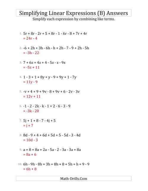 The Simplifying Linear Expressions with 6 to 10 Terms (B) Math Worksheet Page 2