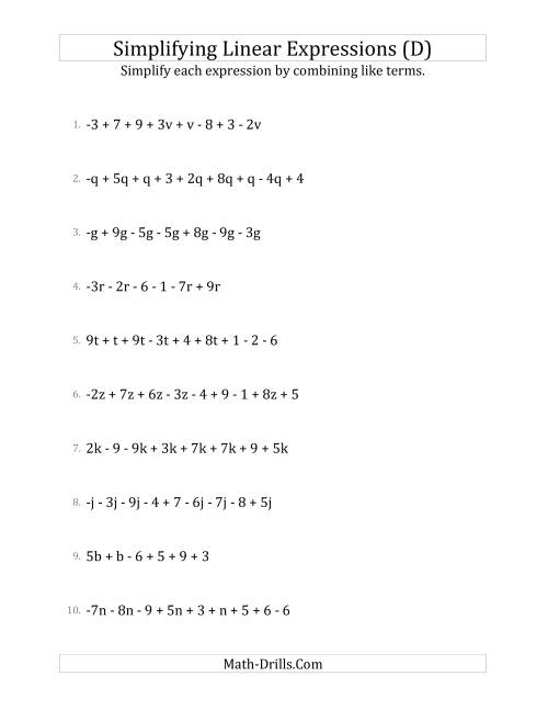 The Simplifying Linear Expressions with 6 to 10 Terms (D) Math Worksheet